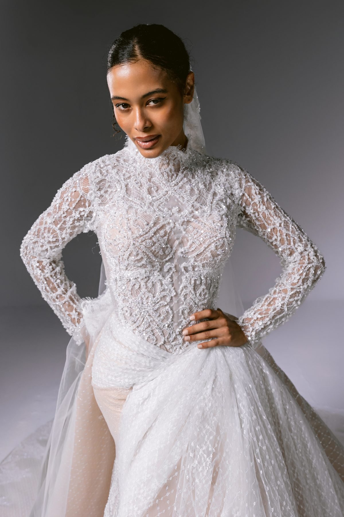 Close detail of hand-embroidered lace bodice
